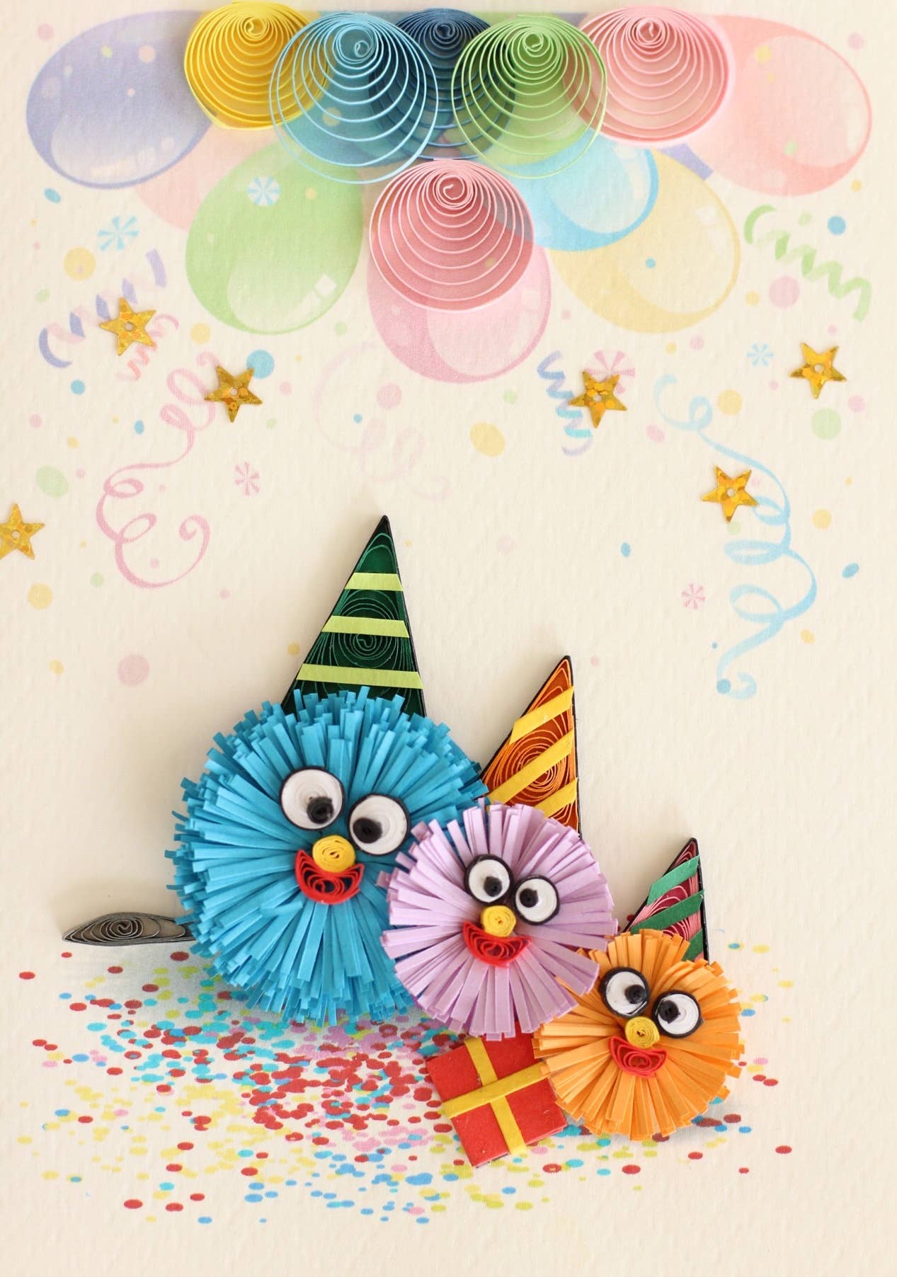 Greeting Card - Quill 3 pom poms w hats