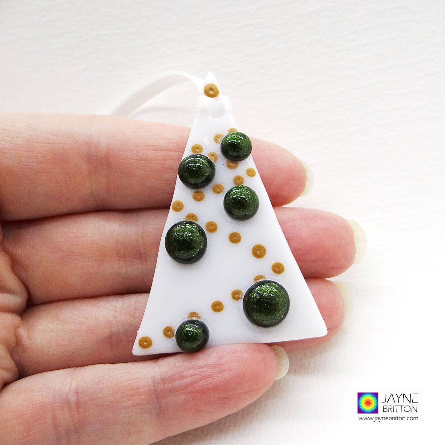 Greeting Card - handmade glass Sparkly green balls on tree ornament
