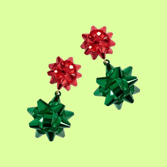 Earrings - Red/Green ribbon bow