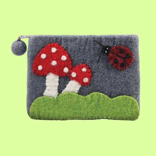 Coin Purse - Wool Felted Mushroom & Ladybug Grey