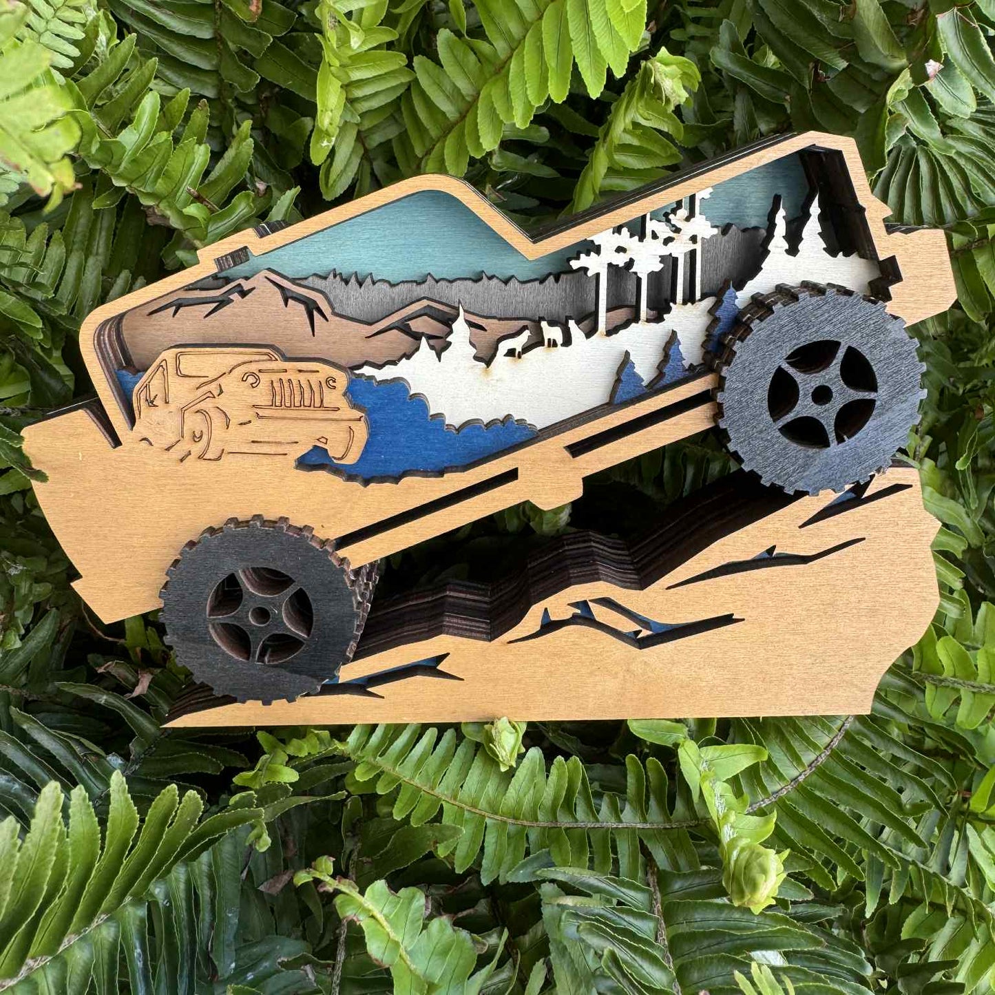 Shelf Sitter - layered birchwood Jeep blue