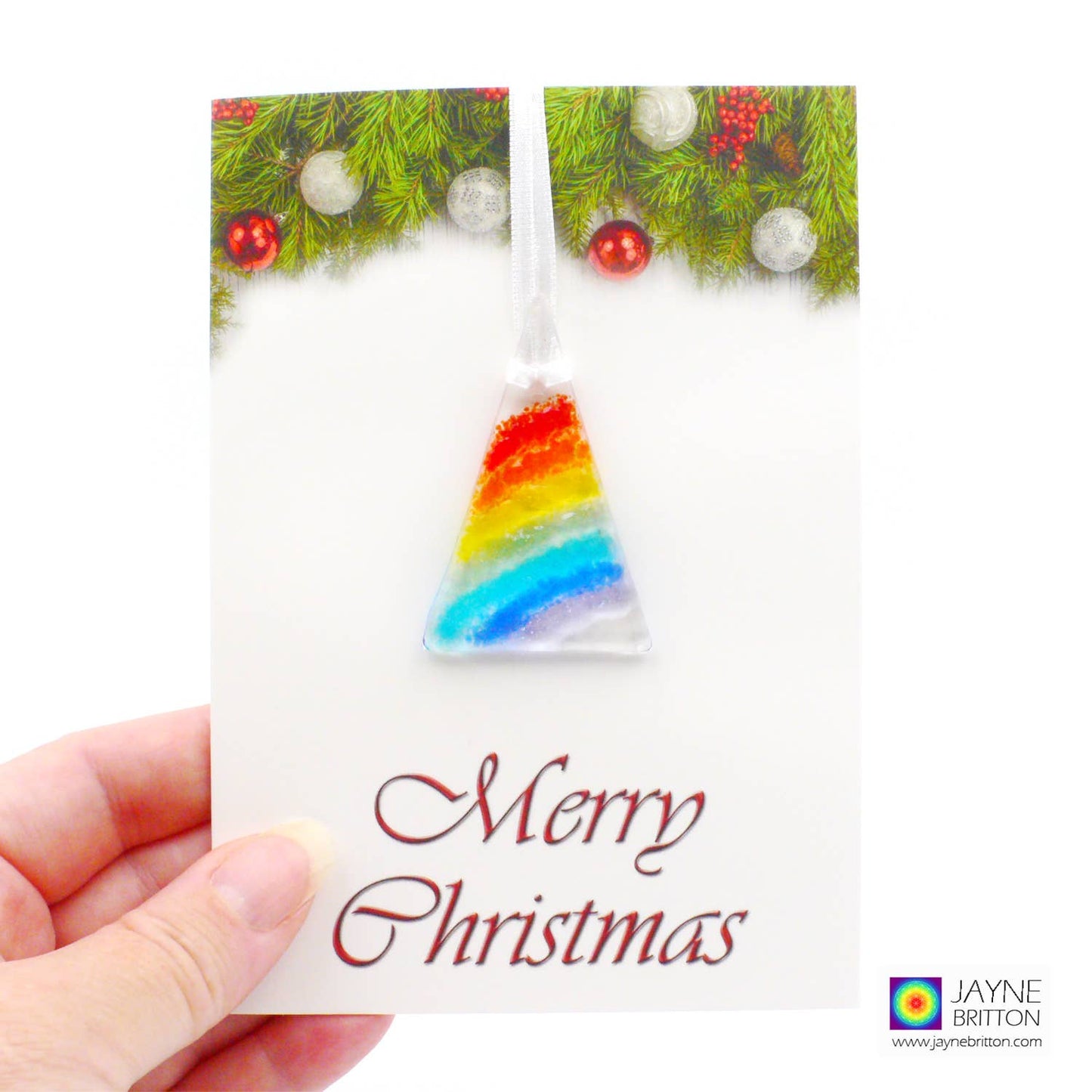 Greeting Card - fused glass, rainbow stripes tree ornament