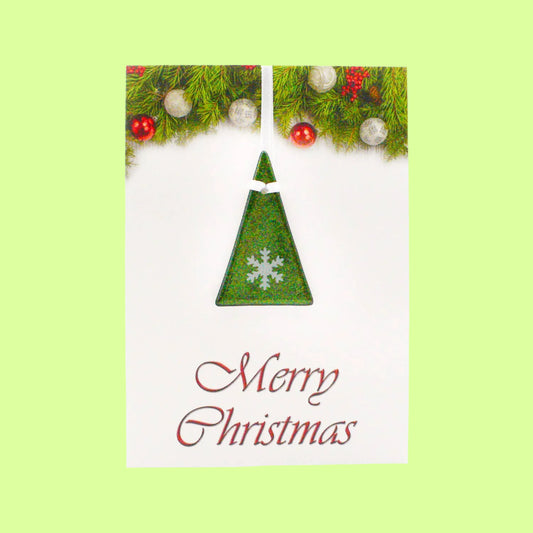 Geeting Card - snowflake on sparkly green tree ornament