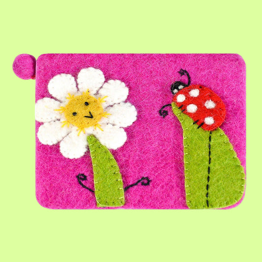 Coin Purse - Wool Felted SunFlower/Lady Bug Pink